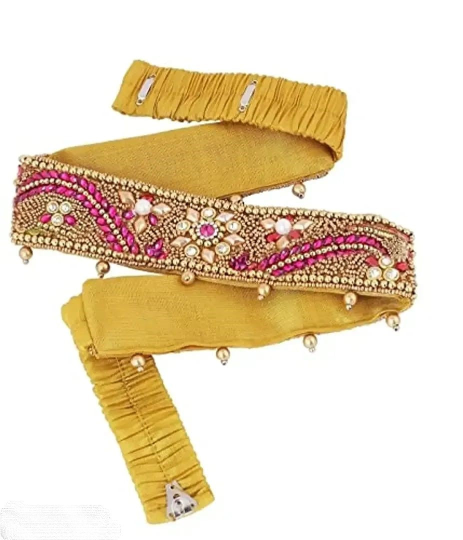 Vama's CRAFT stretchable Cloth Vaddanam kamarbandhani, waist belt,belly chain.  This is a Traditional Belt called Kamarbandh, Waist Belt or Belly Chain wore on Saree or traditional Gown or Lehenga. Traditional look with embroidered Golden Belt ( Kmarbandh ) for wedding season. Jewellery Golden Zari Embroidery Wedding Saree Waist Belt, Belly Chain, Wide Hand Embroidery.